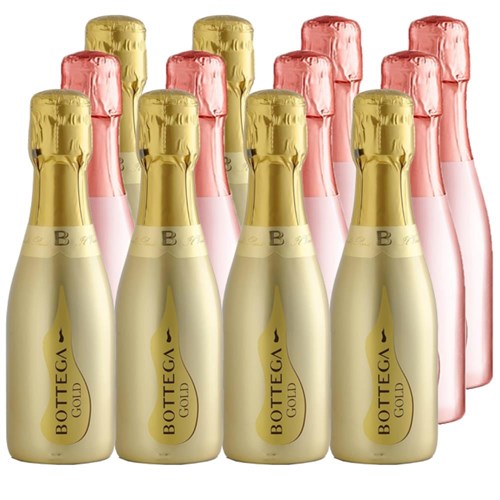 Case of 12 Bottles of Mini Prosecco Bottega Rose and Bottega Gold 20cl – Ideal for Parties or Giveaways